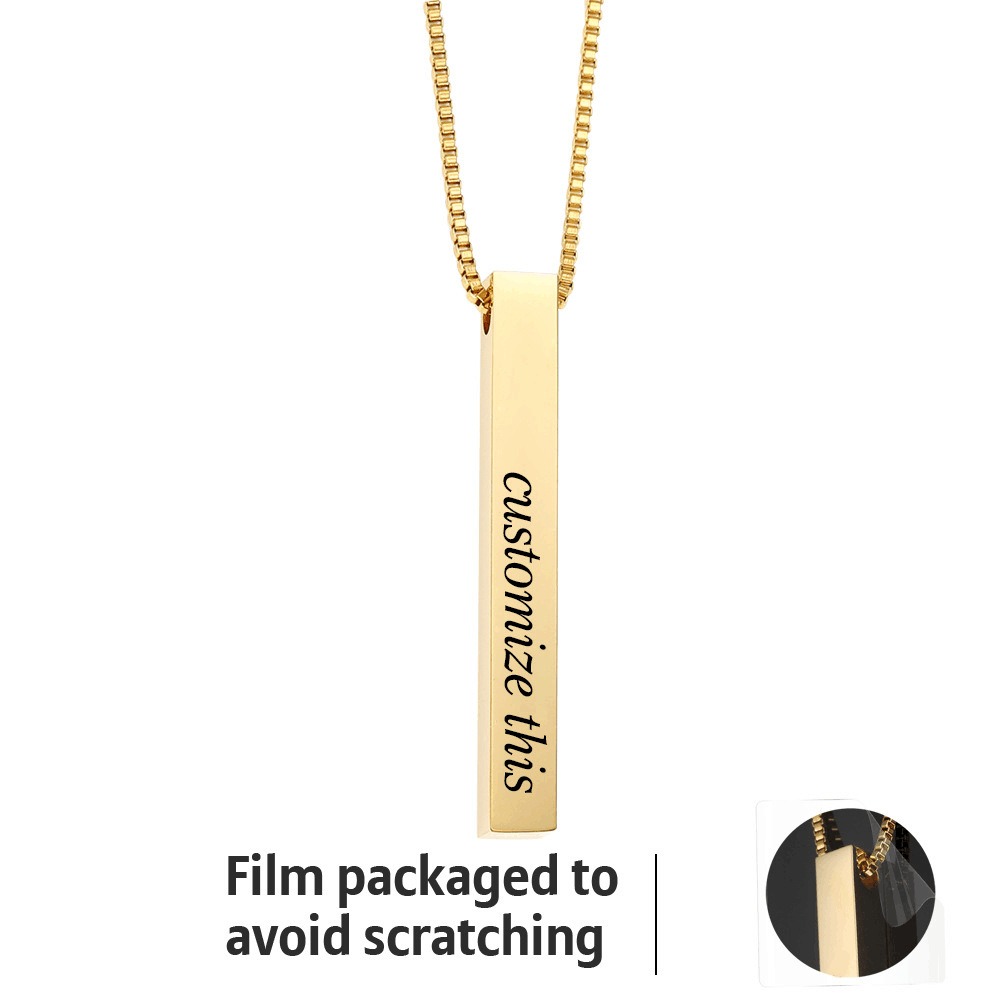 Engraved vertical bar necklace with an optional birthstone on a bamboo link chain — Gold Tone, 5*40, Energy Bar