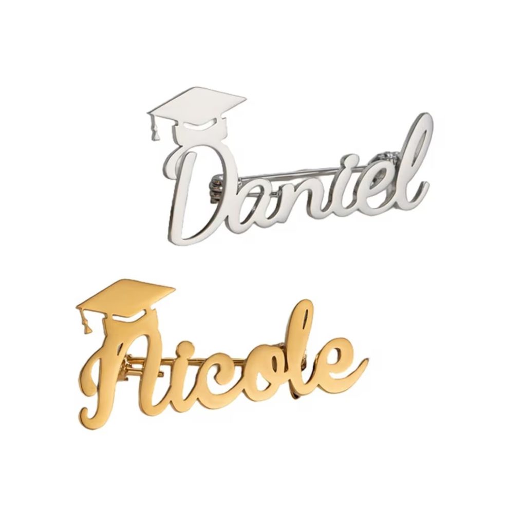 Stainless steel graduation cap brooch with custom name engraving and a birthstone accent