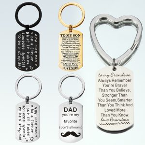 Engraved stainless steel dog tag keychain with a single birthstone accent
