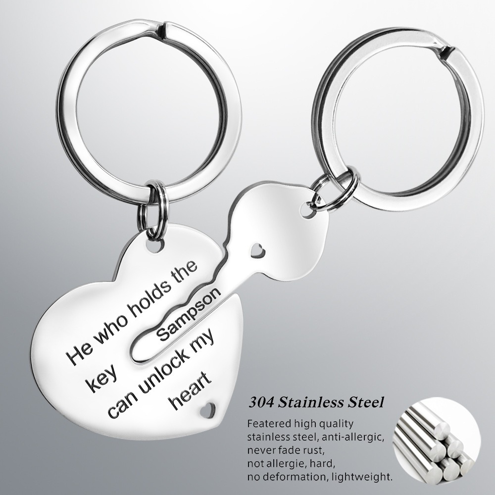 Stainless steel heart lock couple keychain with two engraved names and birthstone accents