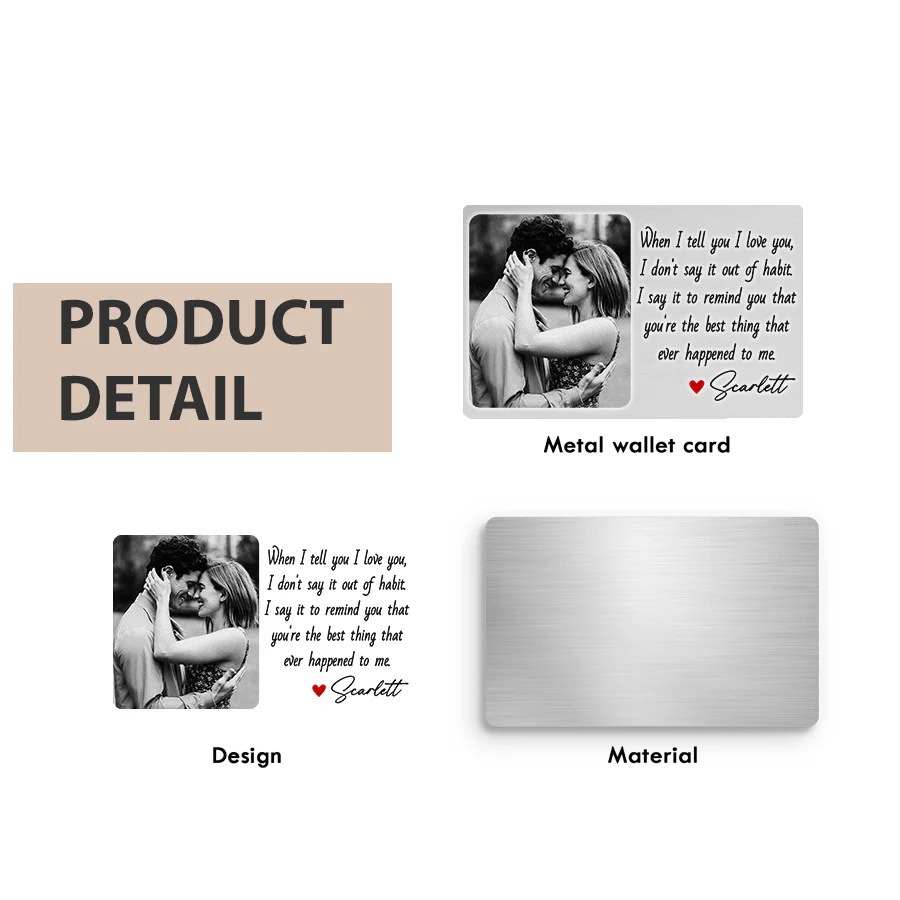 Personalized photo wallet card in stainless steel with a heart cutout and a printed photo