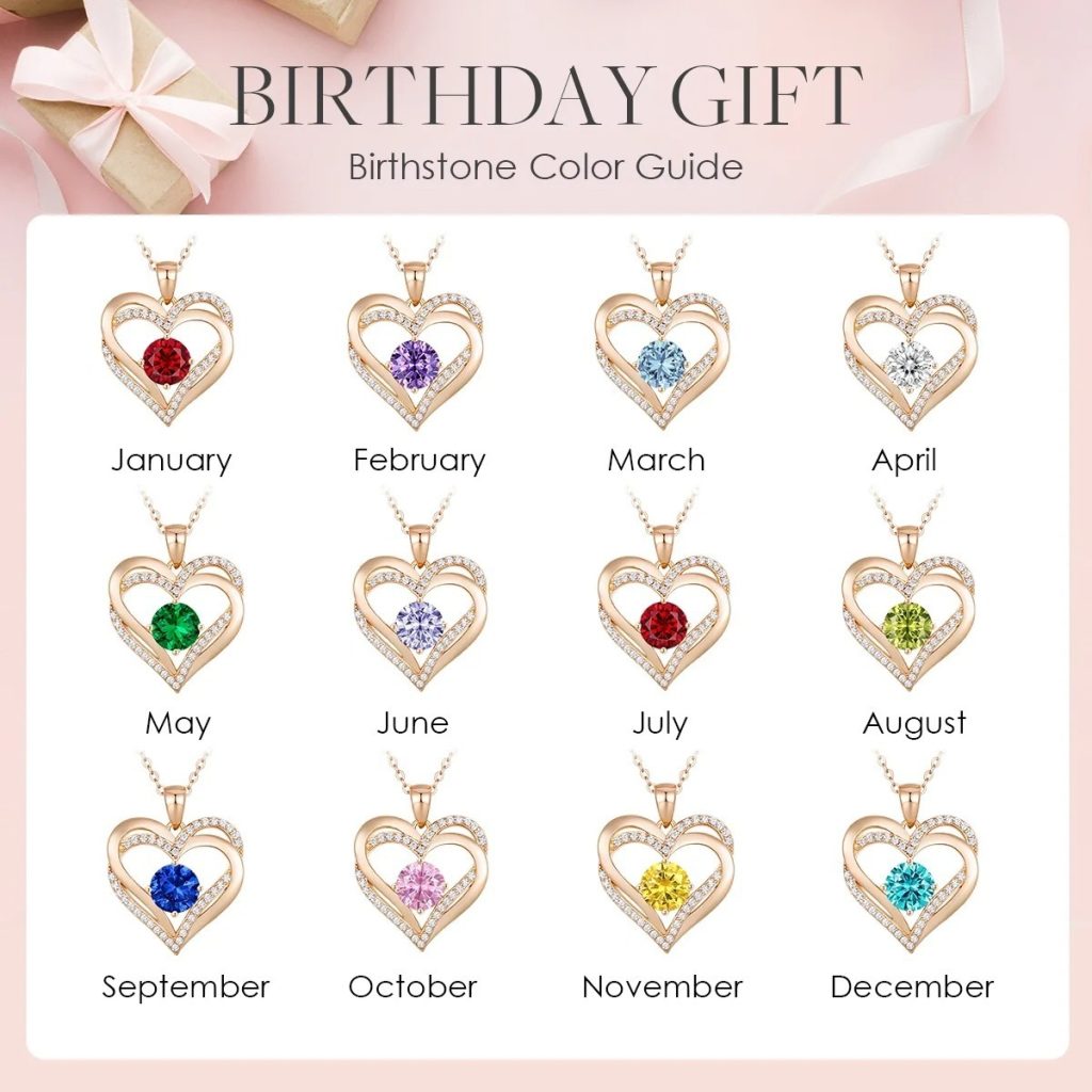 Engraved eternity heart pendant necklace with birthstone accent and cubic zirconia stones