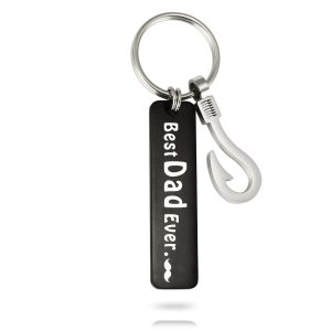 Stainless steel fish hook keychain with a black engraved pendant and birthstone charm