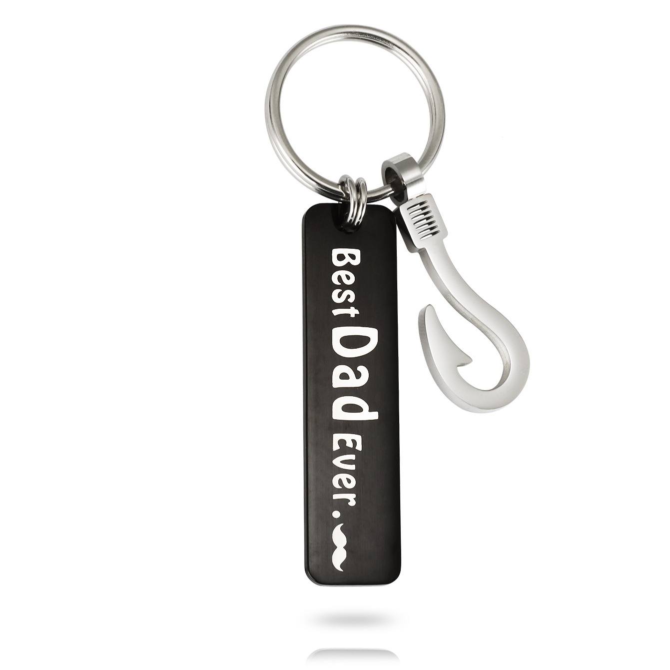 Stainless steel fish hook keychain with a black engraved pendant and birthstone charm