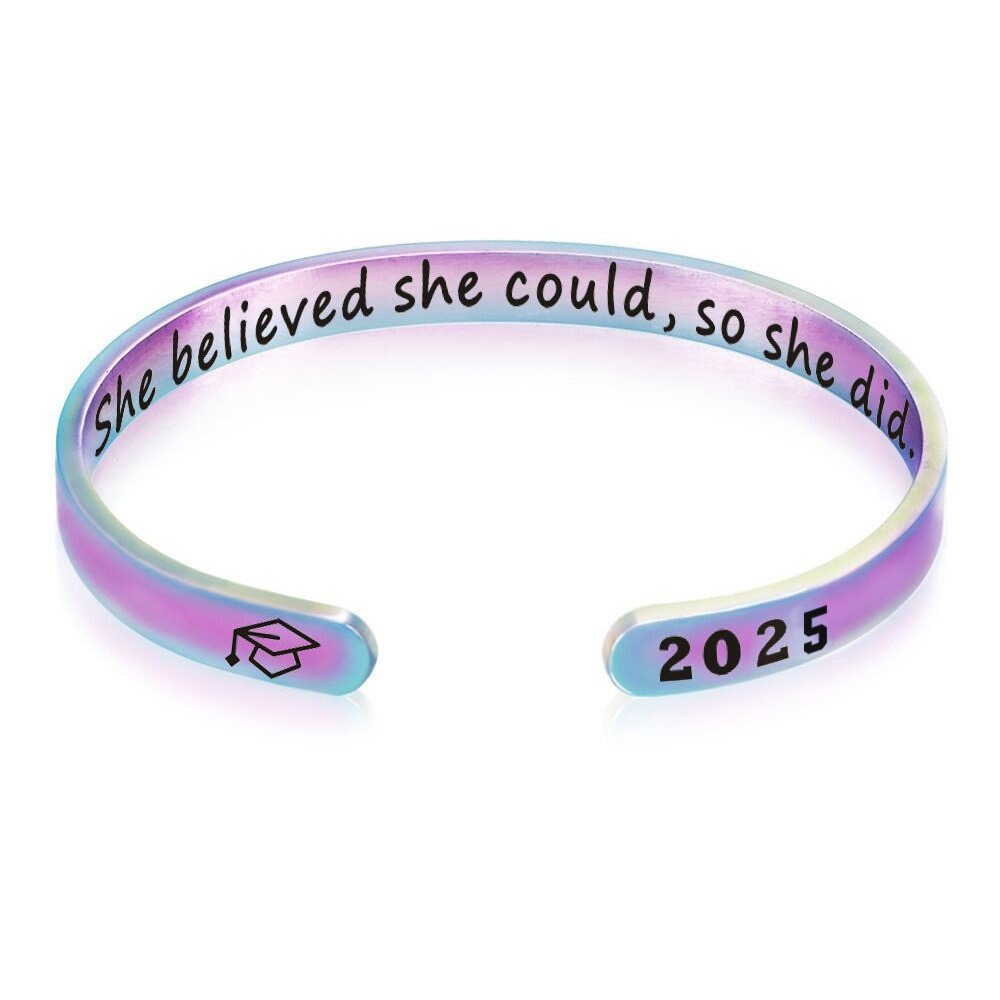 Stainless steel open cuff bracelet engraved with a name and a single birthstone