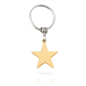 Stainless steel star keychain engraved with a name, shown in gold-tone and steel-tone finishes